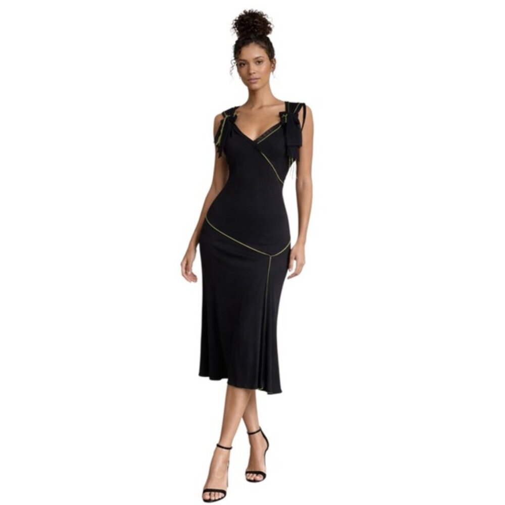 NWT Maxi Studio Black With Green Piping & Shoulder Bow Asymmetrical Midi Dress - Picture 14 of 14
